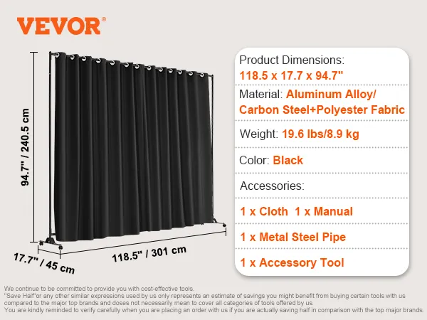 VEVOR room divider, black curtain with aluminum alloy frame, dimensions 118.5"x17.7"x94.7".