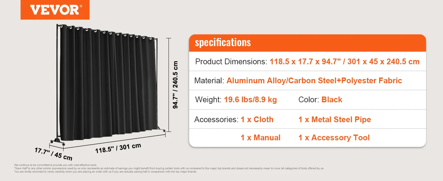 VEVOR room divider, black curtain with aluminum alloy frame, dimensions 118.5"x17.7"x94.7".