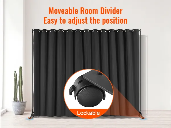 black VEVOR room divider with lockable wheels in a modern room, featuring a large cactus plant.