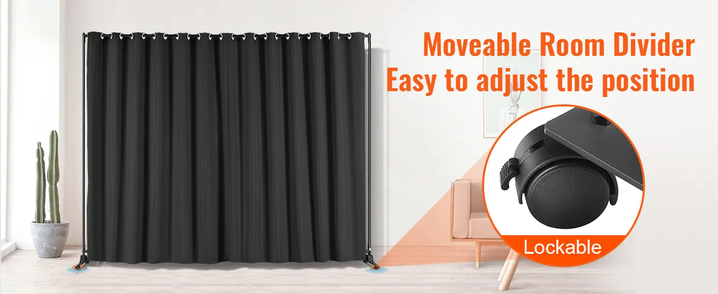 black VEVOR room divider with lockable wheels in a modern room, featuring a large cactus plant.