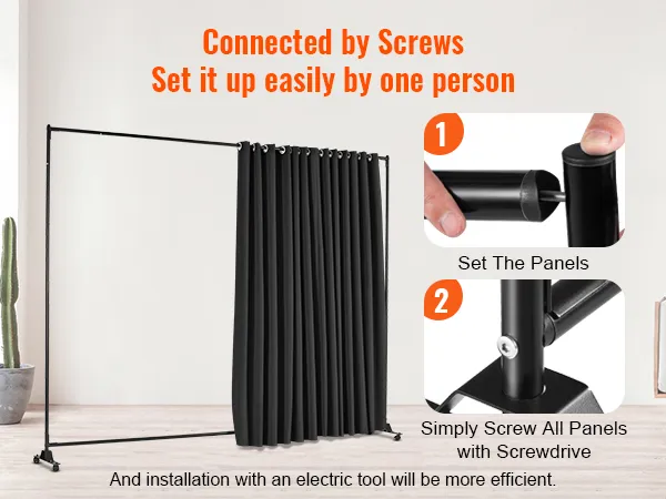 VEVOR room divider setup with black curtain, screws, and simple assembly steps in a minimalist room.