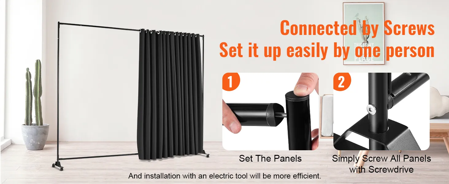 VEVOR room divider setup with black curtain, screws, and simple assembly steps in a minimalist room.