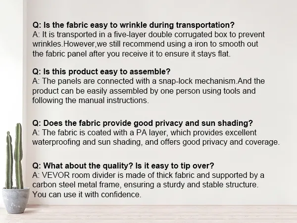 cactus in a white pot beside a modern sofa with cloud-shaped cushion, faqs about VEVOR room divider.