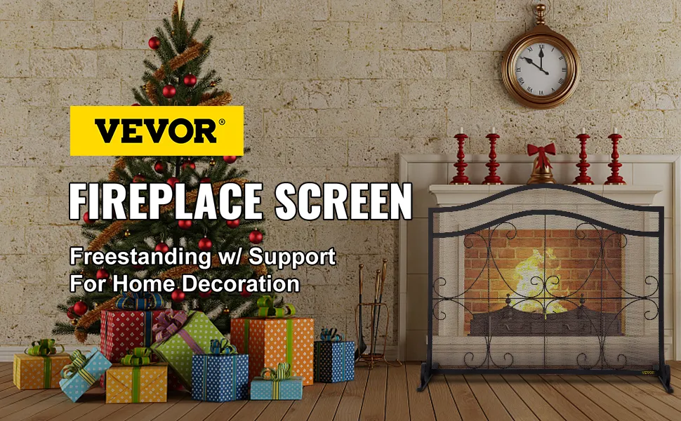 VEVOR fireplace screen with christmas decor, presents, and rustic mantel clock