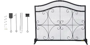 black VEVOR fireplace screen with ornate design, includes fire tools set.