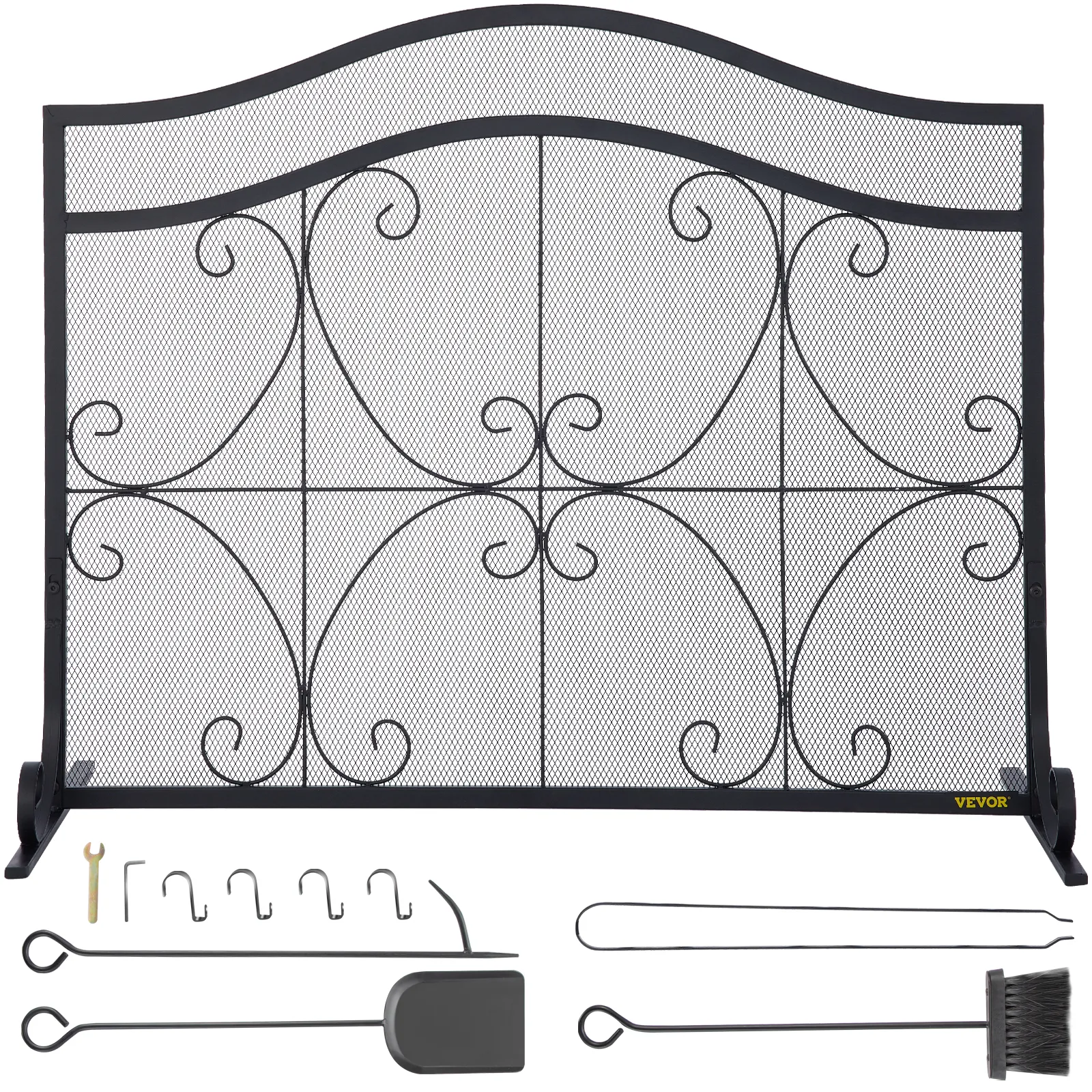 VEVOR fireplace screen with ornate design and accessory tools set.