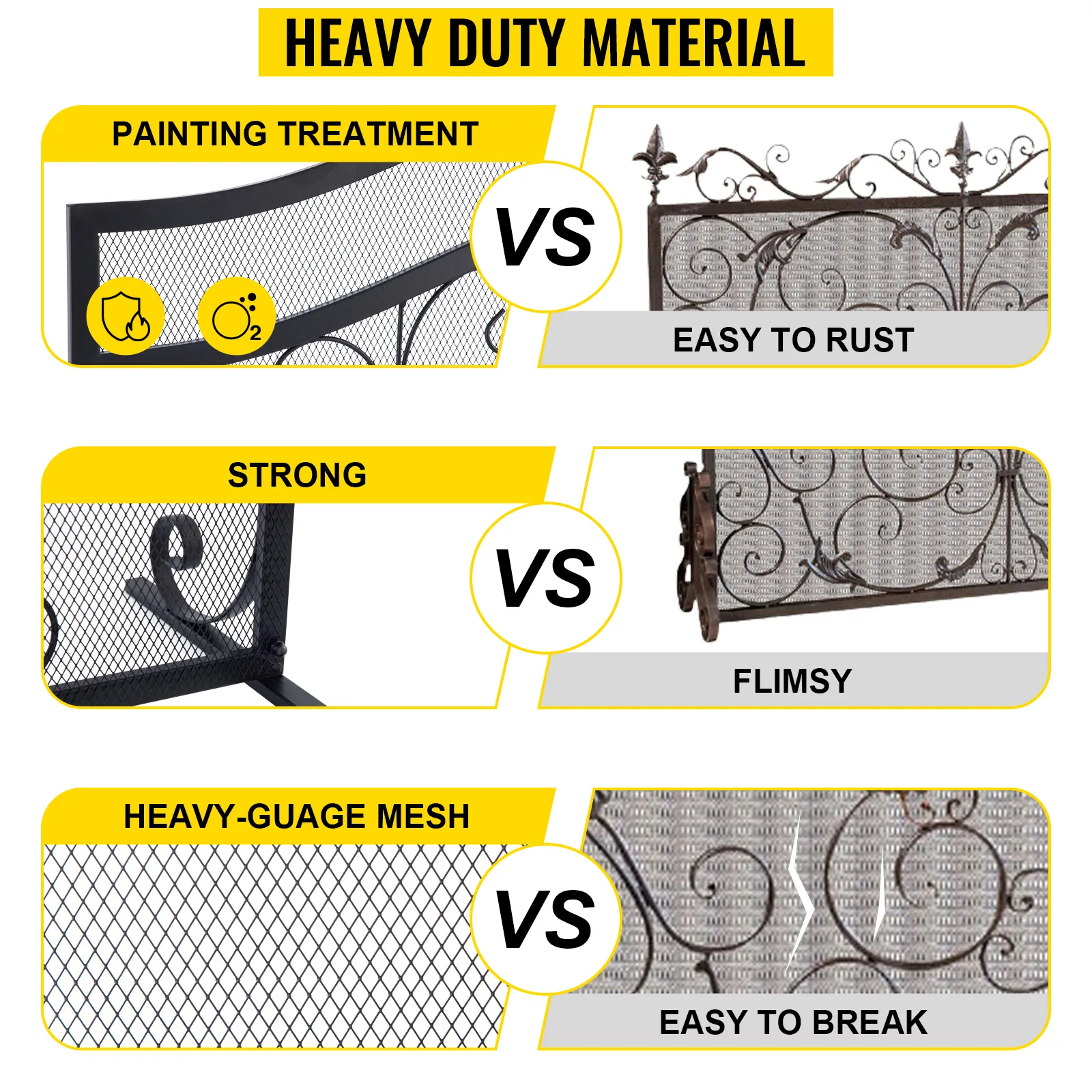 VEVOR fireplace screen: durable, rust-resistant, strong, and heavy-gauge mesh comparison.