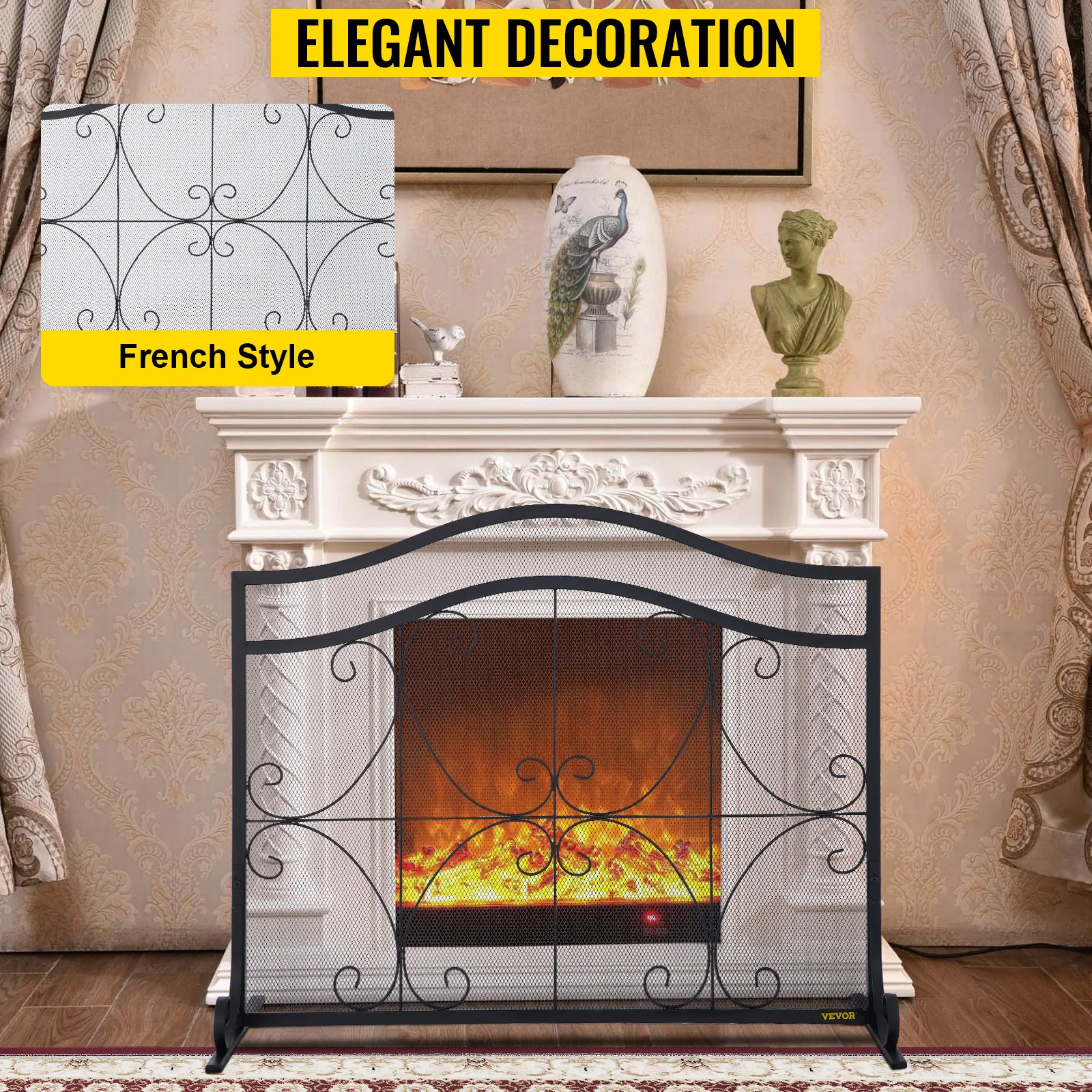 VEVOR fireplace screen, elegant black mesh screen with french style accents in living room.