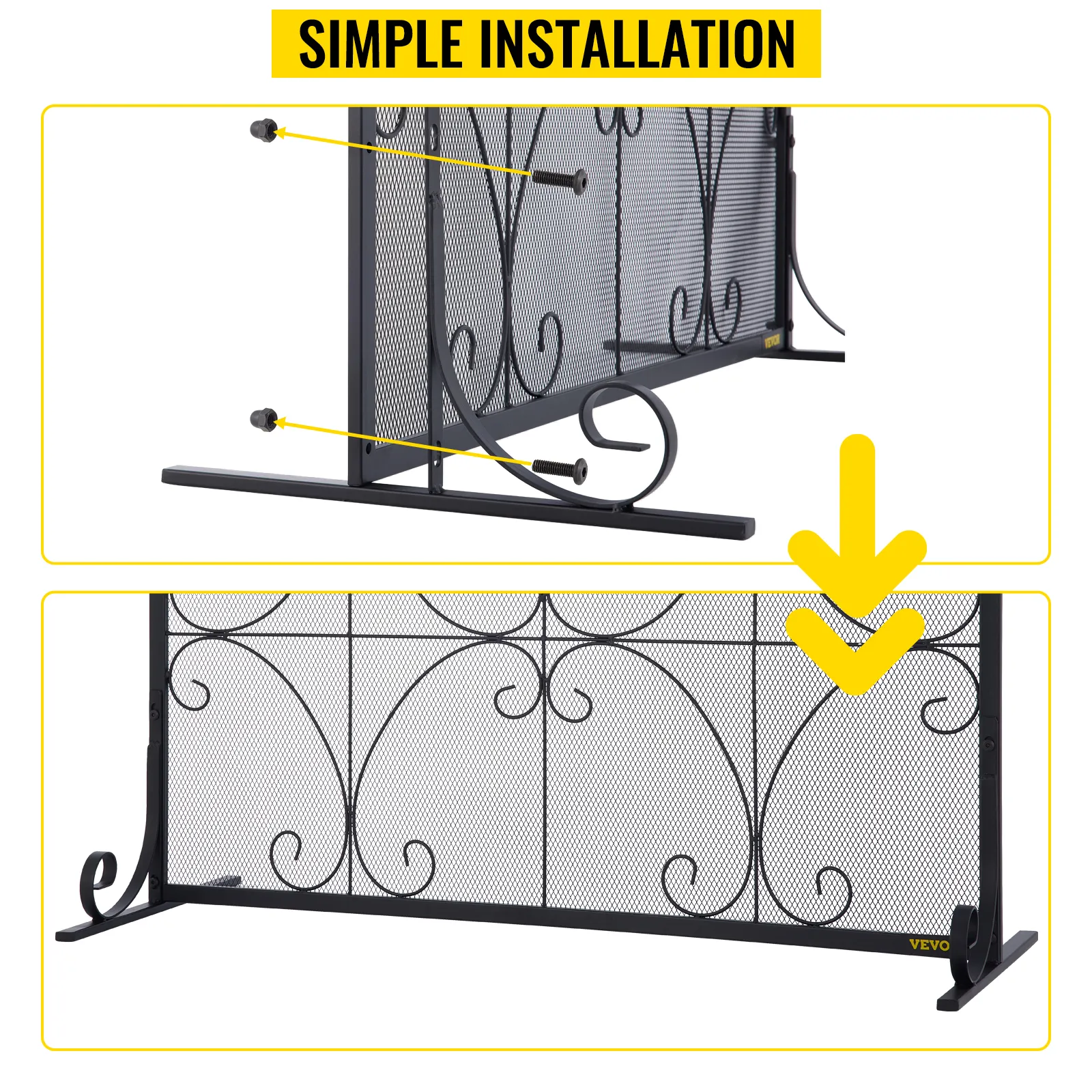VEVOR fireplace screen with scroll design and simple installation.