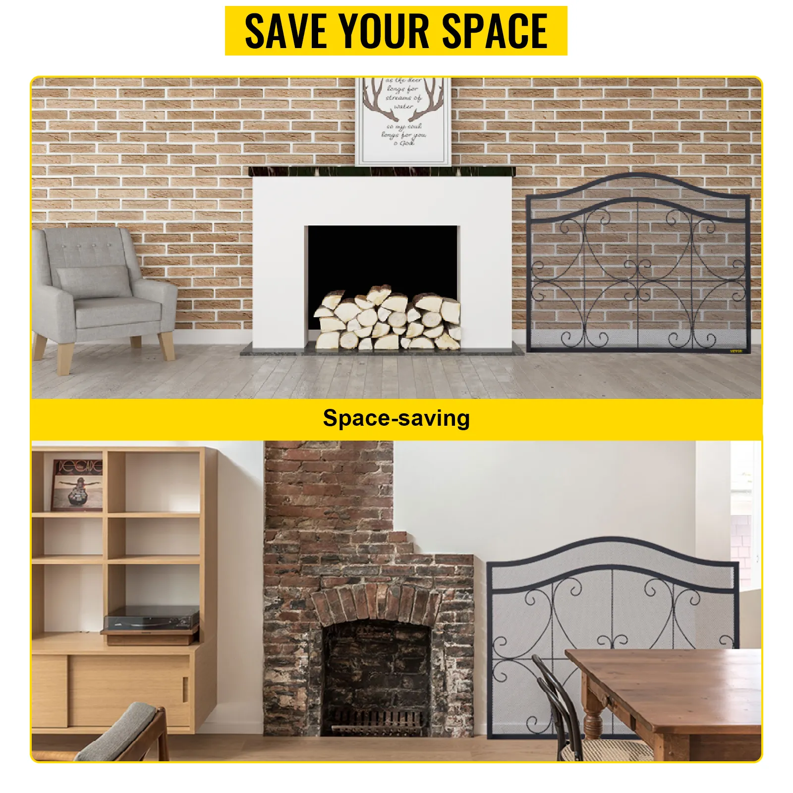 VEVOR fireplace screen in cozy, space-saving living rooms with brick fireplaces.