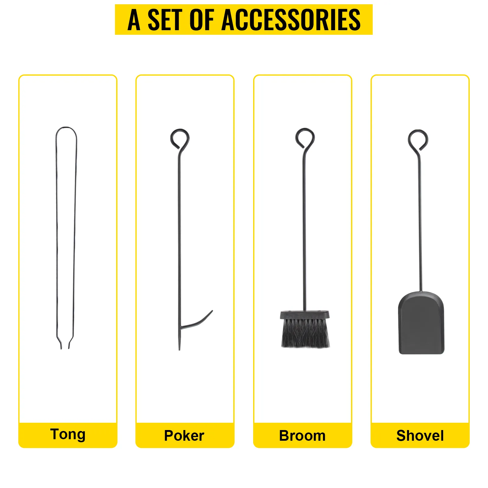 VEVOR fireplace screen: tong, poker, broom, and shovel accessories set.
