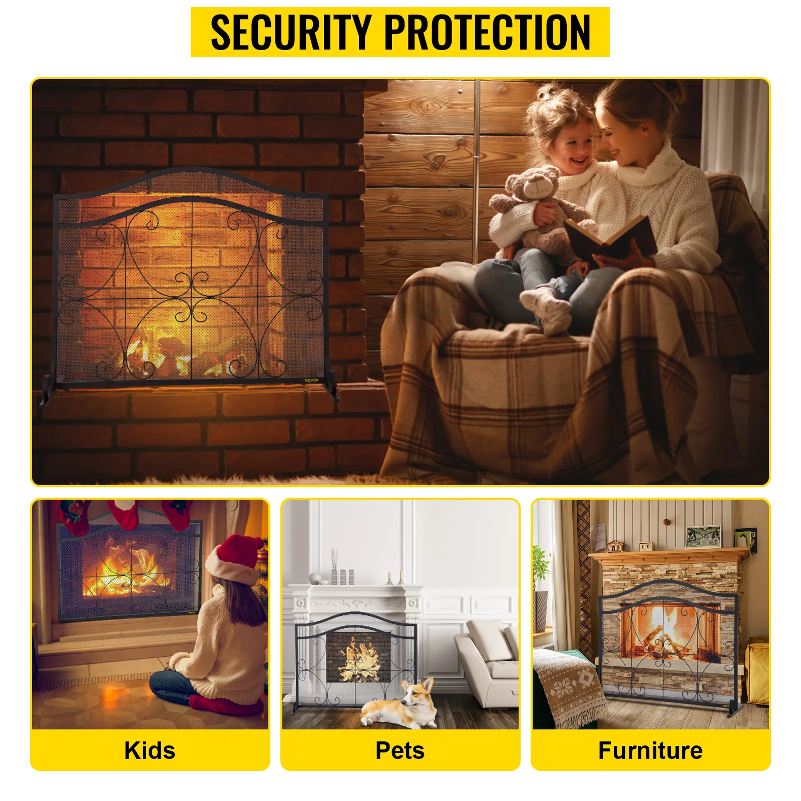 VEVOR fireplace screen ensures security protection for kids, pets, and furniture.