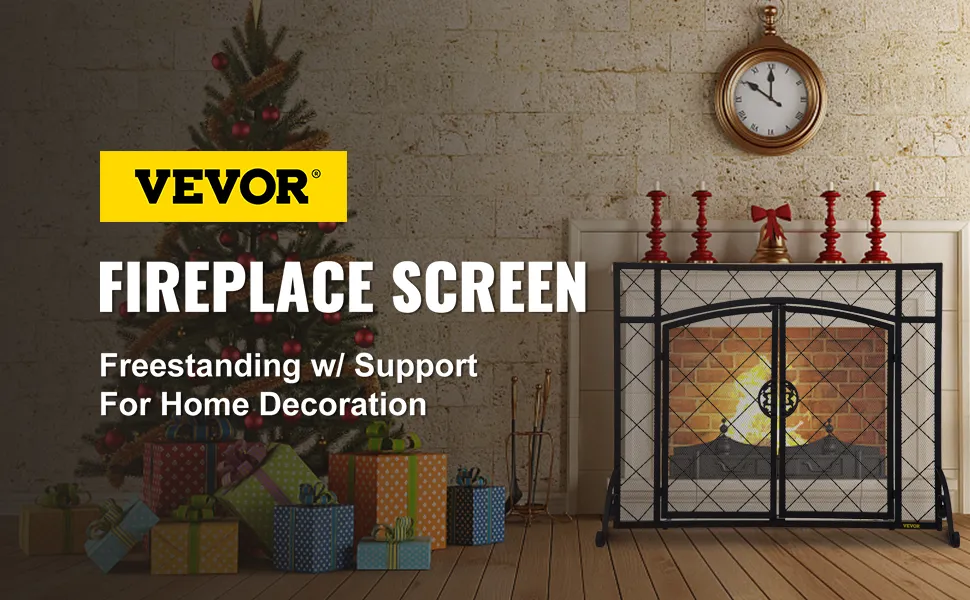 VEVOR fireplace screen with christmas tree and gifts beside a decorated mantel.