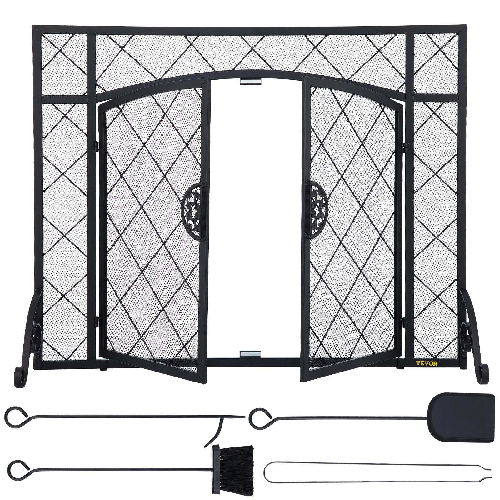 VEVOR fireplace screen with arched doors and tools included: poker, brush, shovel, and tongs.
