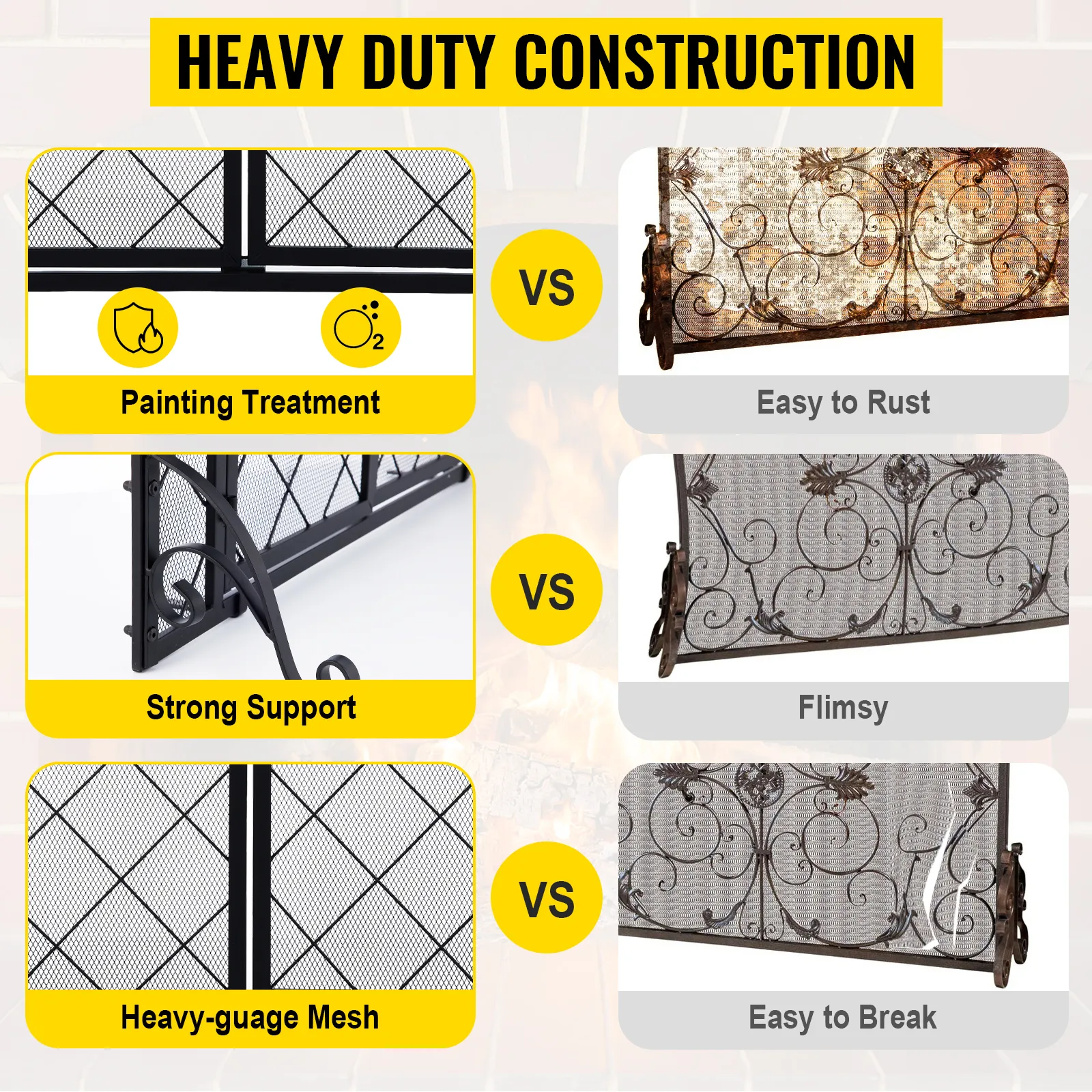 heavy-duty VEVOR fireplace screen with painting treatment, strong support, and heavy-gauge mesh.