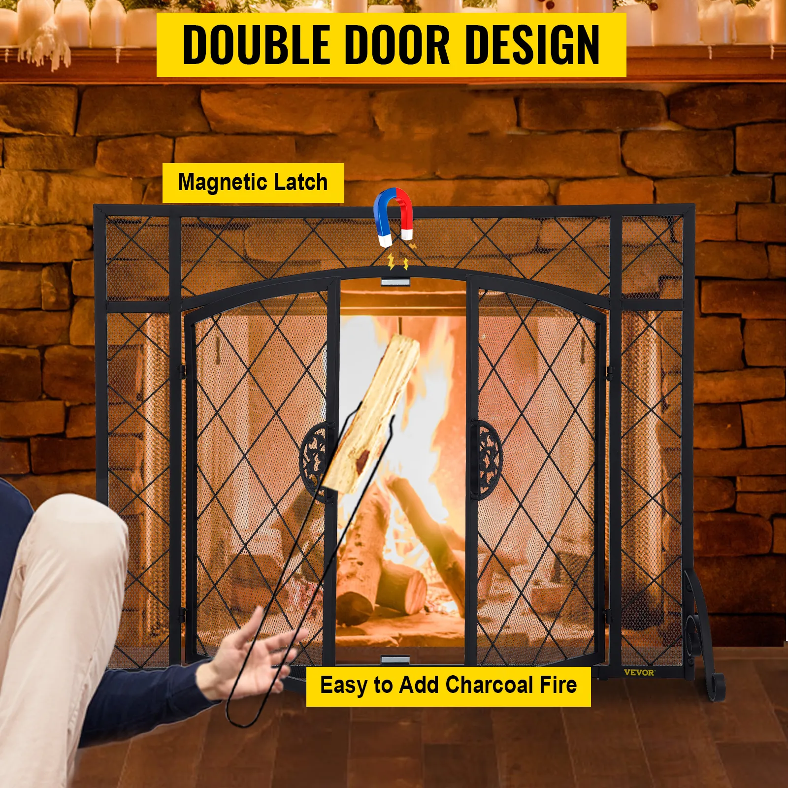 VEVOR fireplace screen with double door design and magnetic latch in front of a fire.