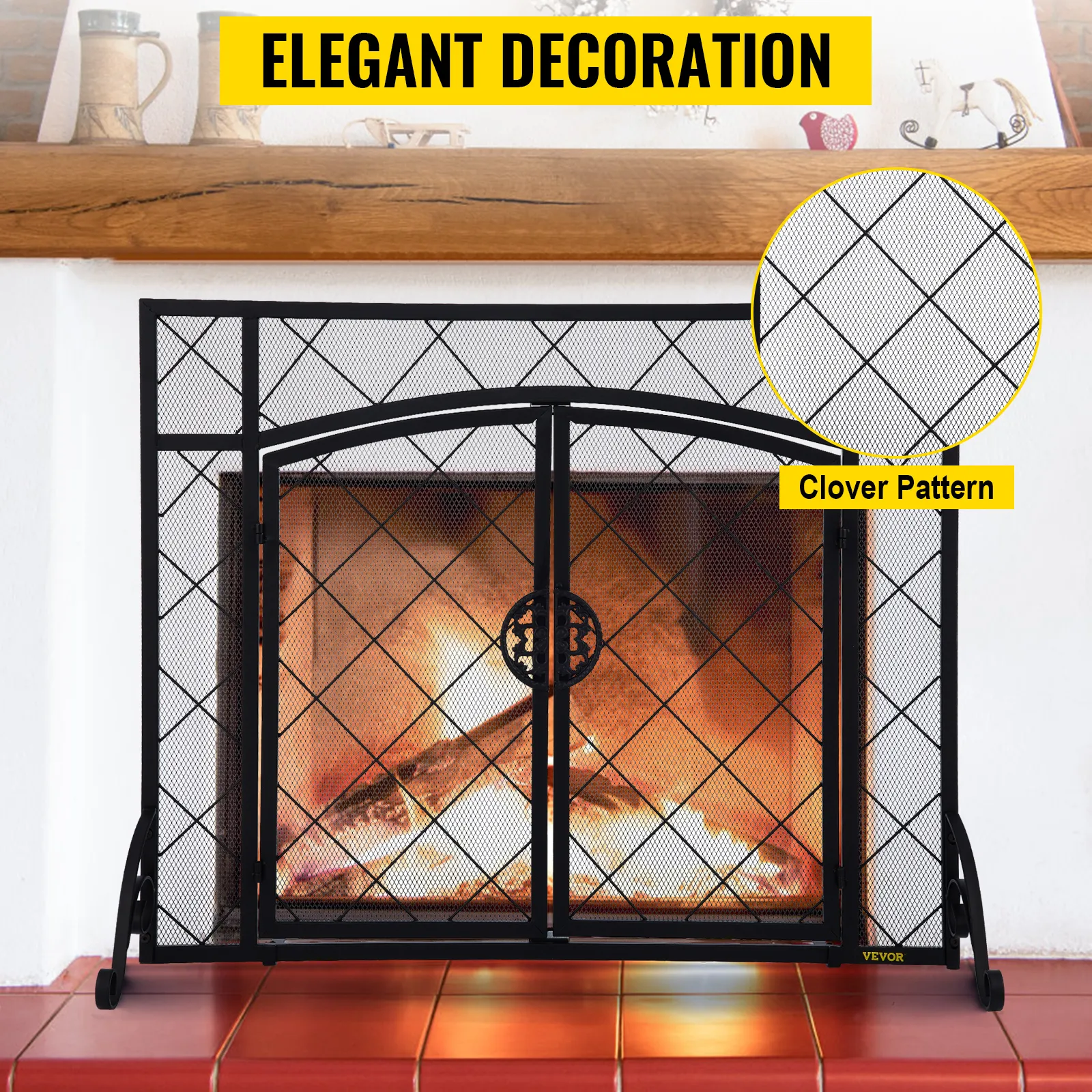 VEVOR fireplace screen with clover pattern in front of a lit fireplace, elegant decor.