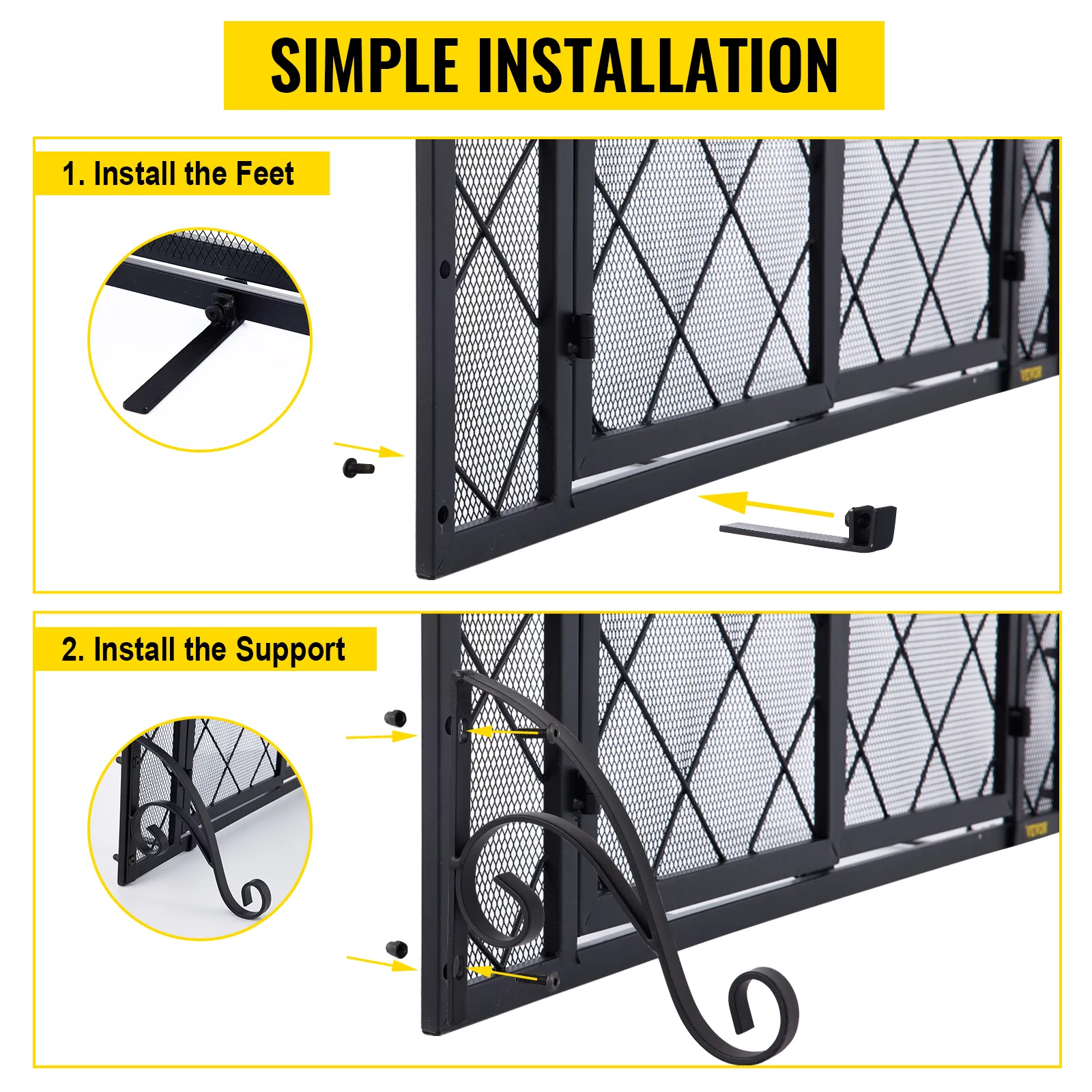 VEVOR fireplace screen simple installation steps showing how to attach feet and support.