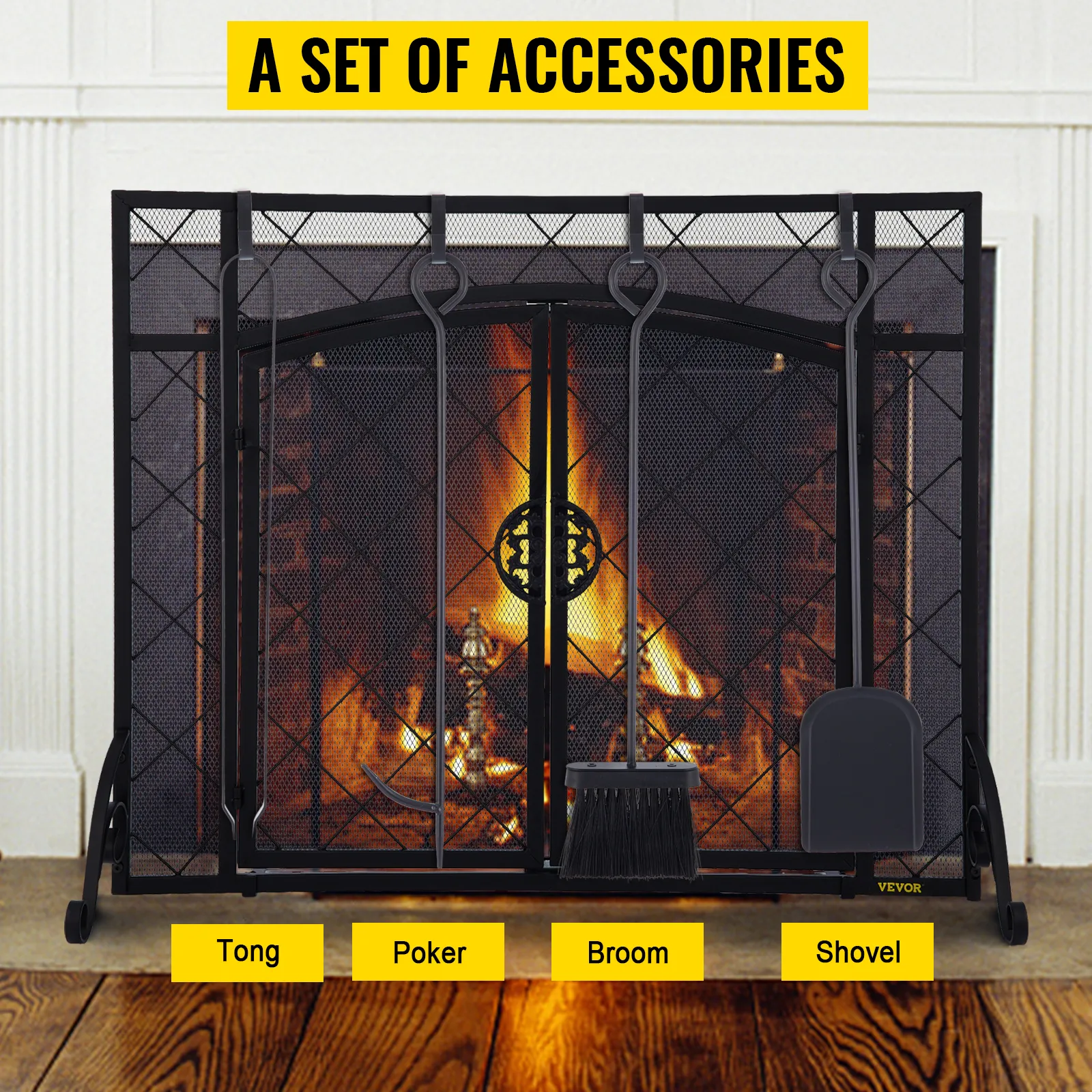 VEVOR fireplace screen with tong, poker, broom, and shovel accessories.