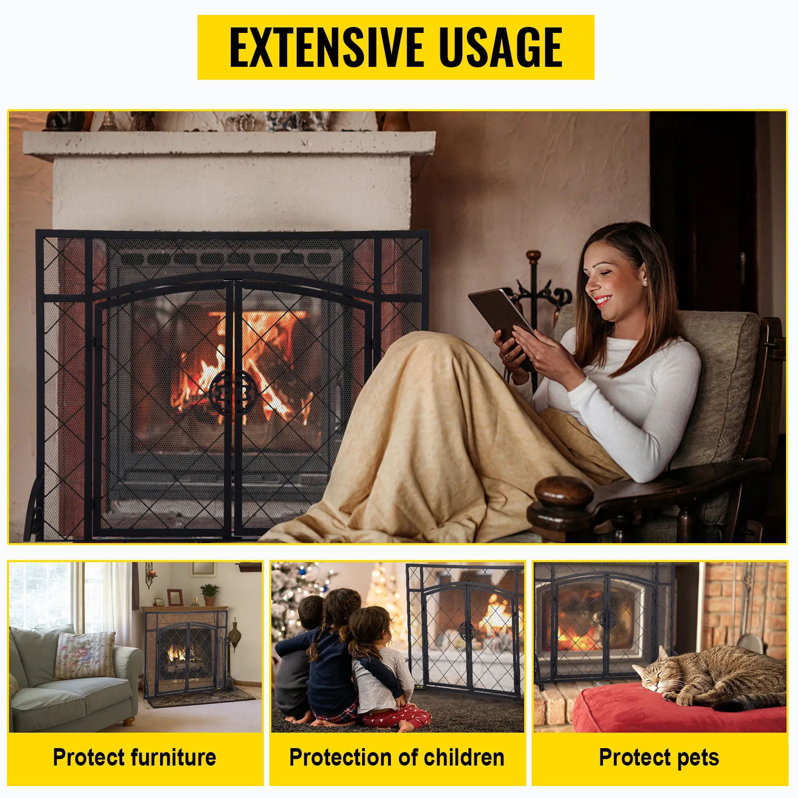 VEVOR fireplace screen: protects furniture, children, and pets with extensive coverage.