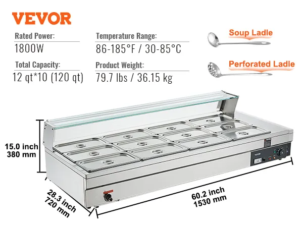 VEVOR commercial food warmer with 1800w power, 120 qt capacity, and temperature range 86-185°f.