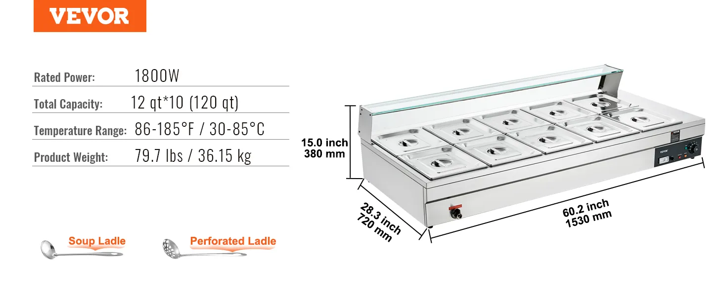 VEVOR commercial food warmer with 1800w power, 120 qt capacity, and temperature range 86-185°f.