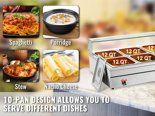 VEVOR commercial food warmer with 10-pan design for diverse dishes like spaghetti, porridge, stew, nacho cheese.