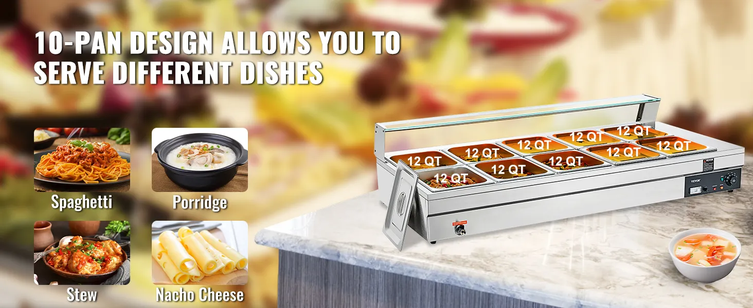 VEVOR commercial food warmer with 10-pan design for diverse dishes like spaghetti, porridge, stew, nacho cheese.