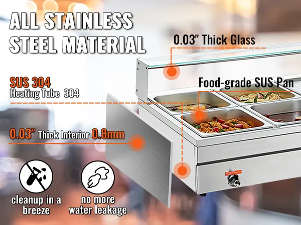 VEVOR commercial food warmer with stainless steel body, glass cover, and multiple food-grade sus pans.