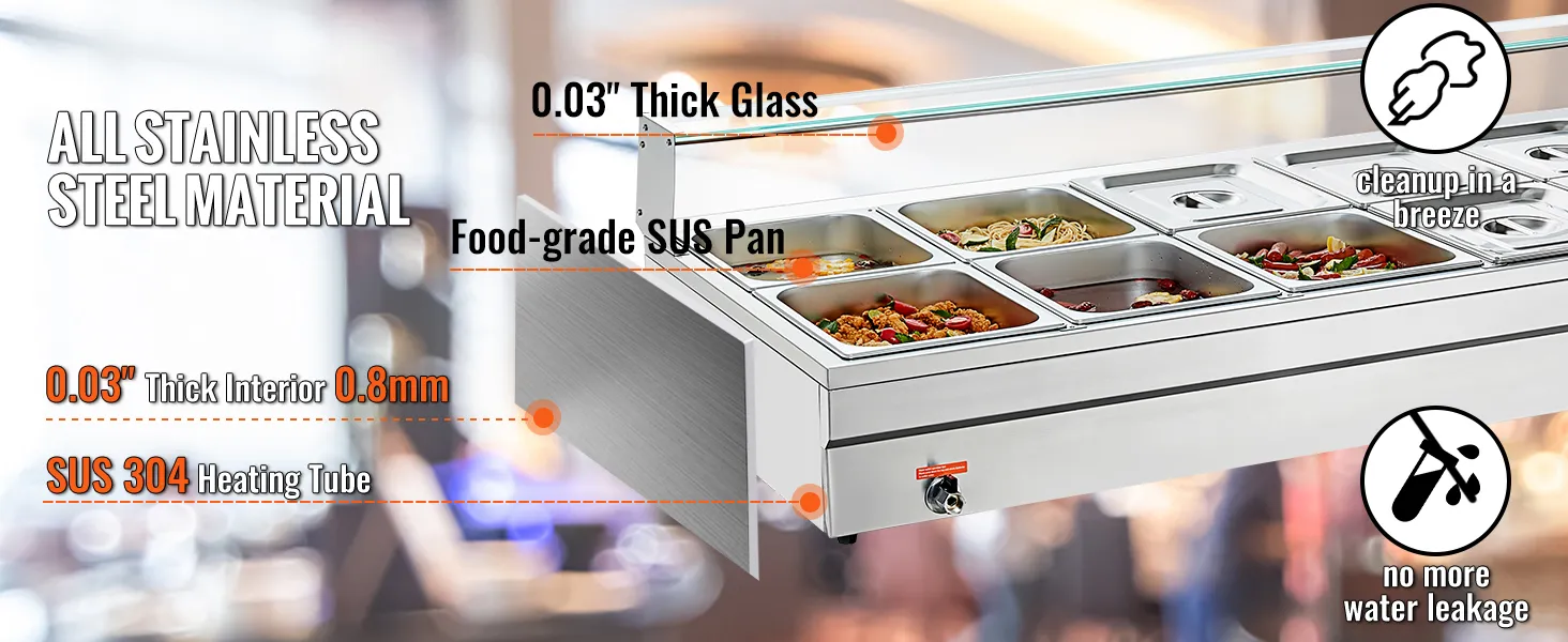 VEVOR commercial food warmer with stainless steel body, glass cover, and multiple food-grade sus pans.