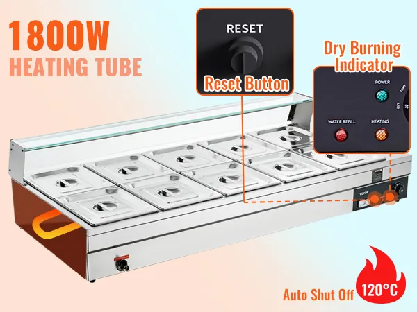 VEVOR commercial food warmer with 1800w heating tube, auto shut off, reset button, and dry burning indicator.