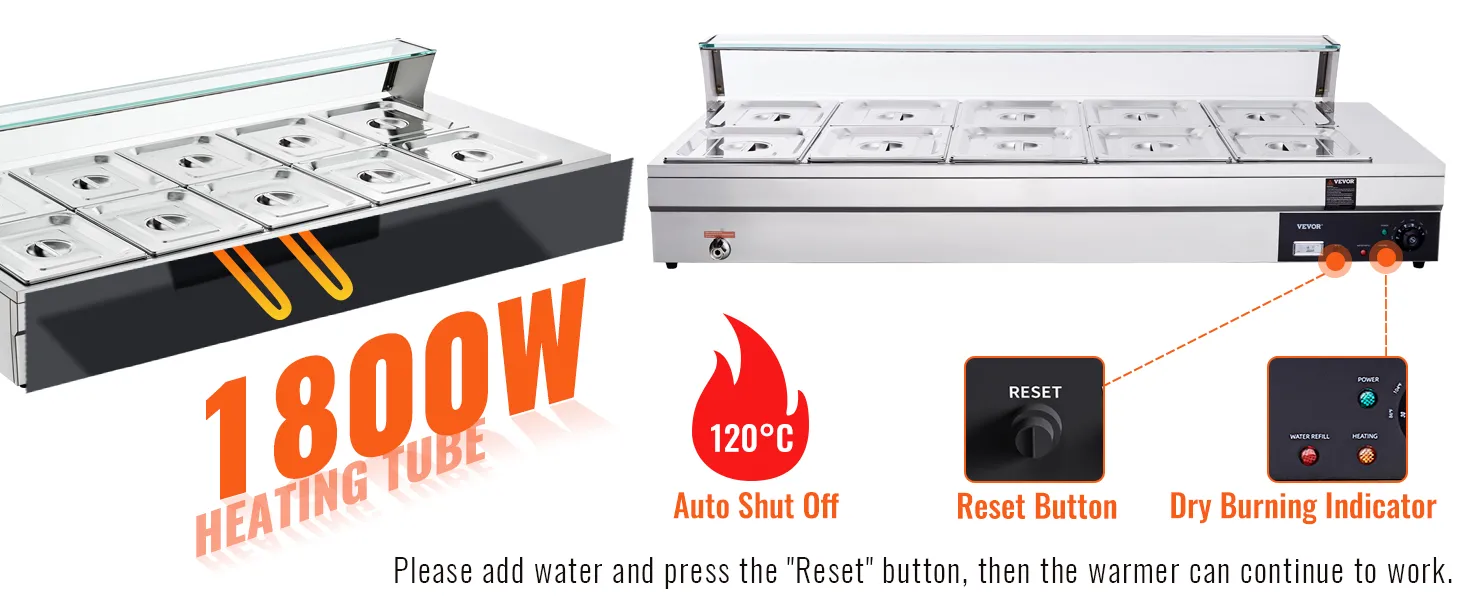 VEVOR commercial food warmer with 1800w heating tube, auto shut off, reset button, and dry burning indicator.