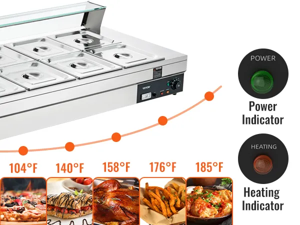 VEVOR commercial food warmer with temperature settings for various dishes, power and heating indicators.