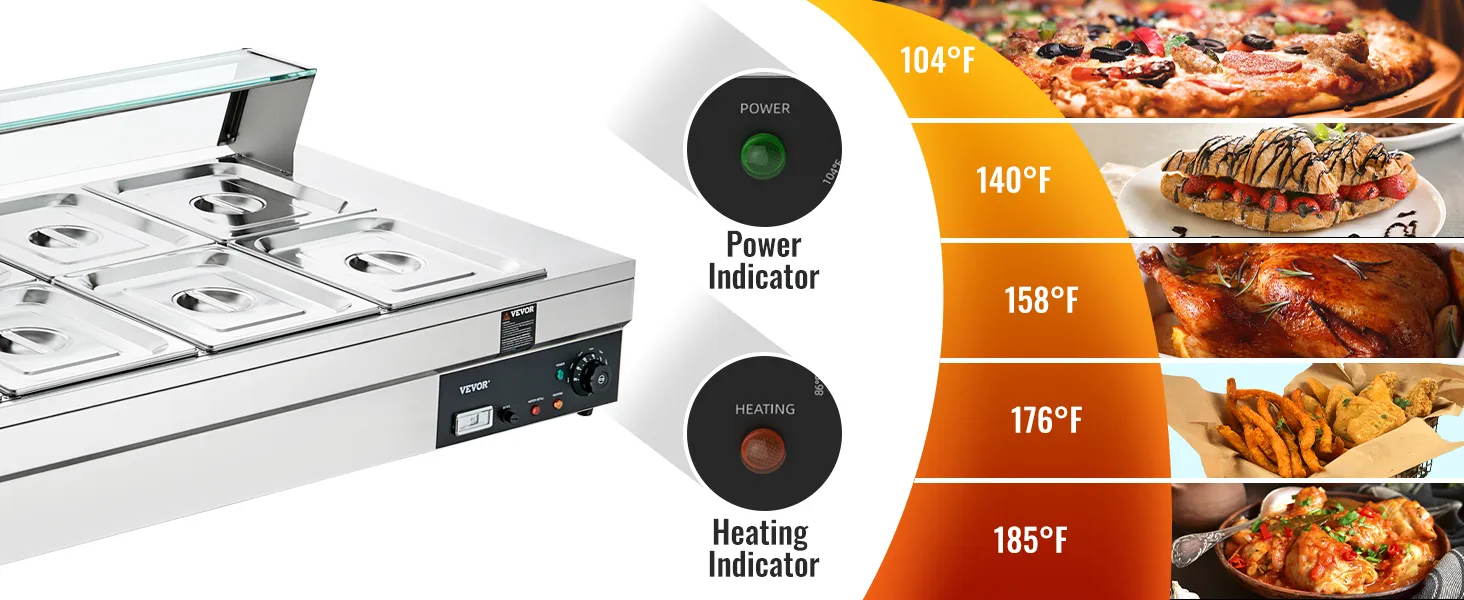 VEVOR commercial food warmer with temperature settings for various dishes, power and heating indicators.