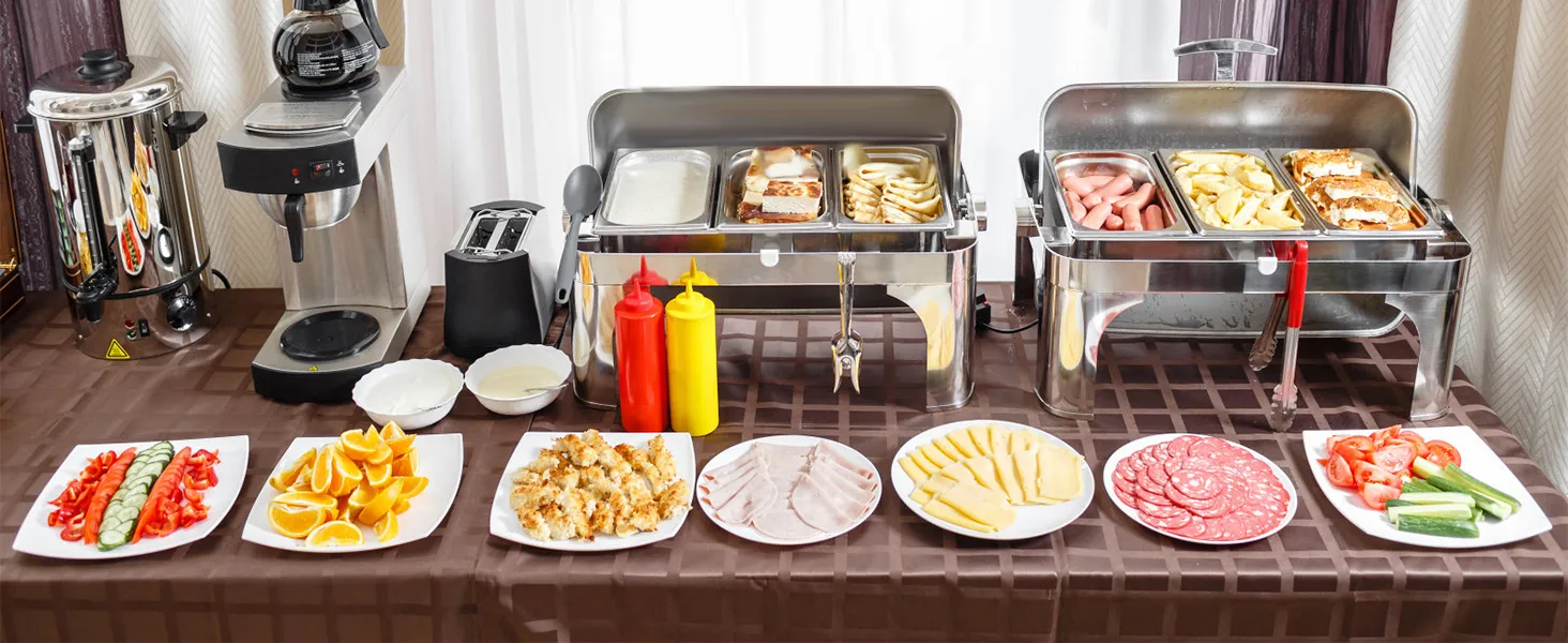 VEVOR commercial food warmer setup with various dishes, coffee maker, and condiments on a brown tablecloth.