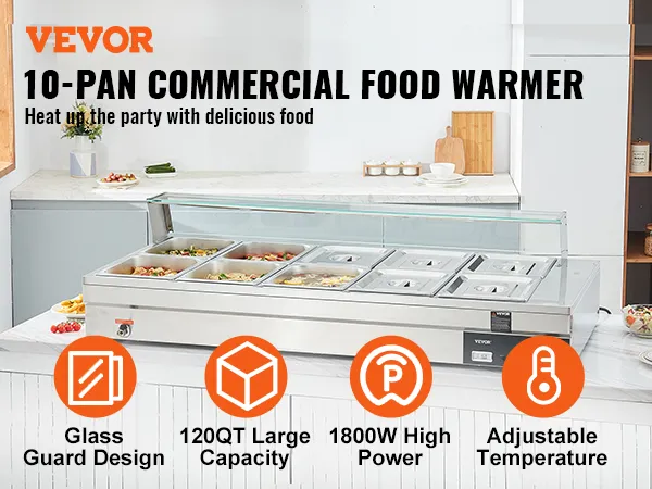 VEVOR commercial food warmer with 10 pans, 120qt capacity, adjustable temperature, and 1800w power.