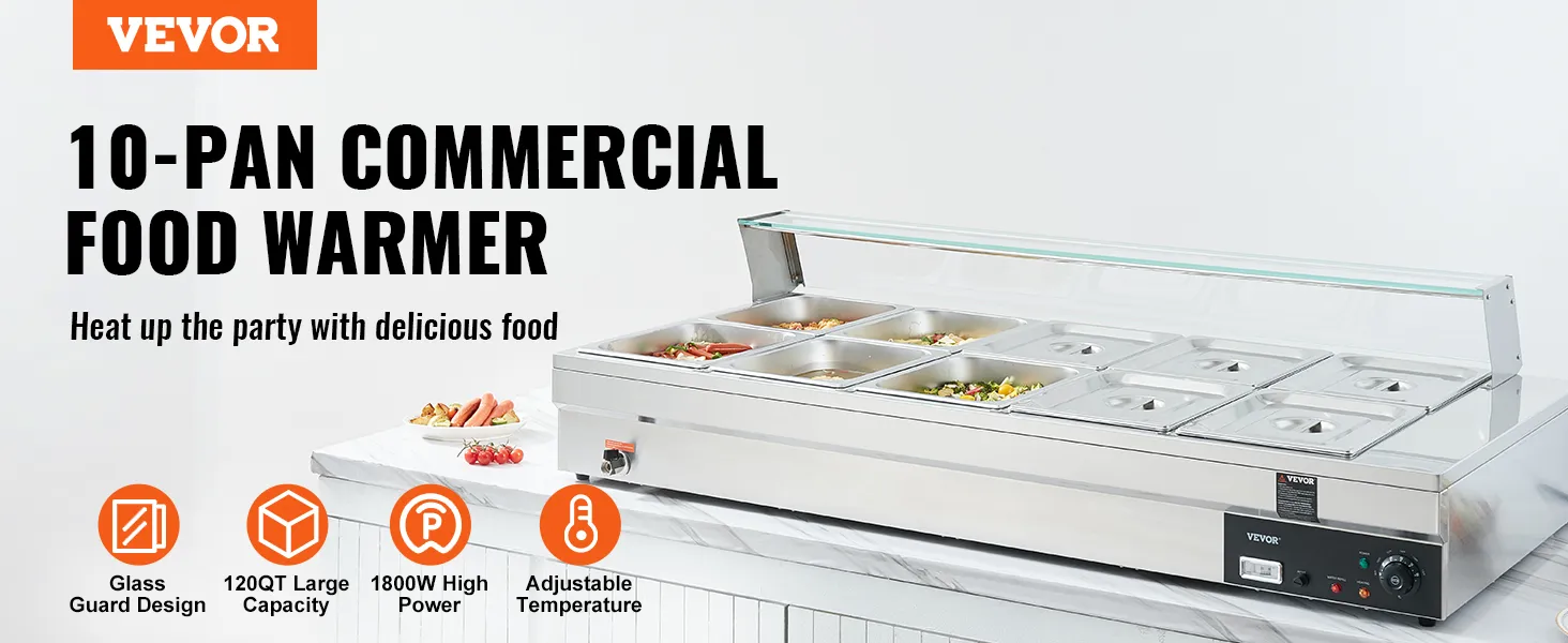 VEVOR commercial food warmer with 10 pans, 120qt capacity, adjustable temperature, and 1800w power.