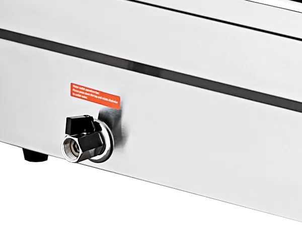 VEVOR commercial food warmer with water drainage valve and stainless steel exterior.