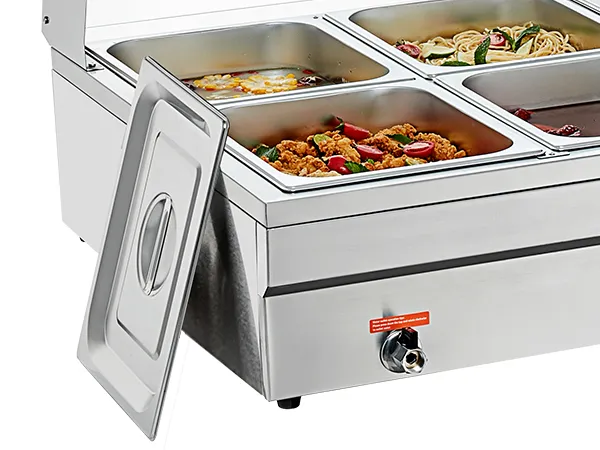 VEVOR commercial food warmer with stainless steel trays, filled with various dishes, lid open.