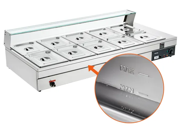 VEVOR commercial food warmer with multiple compartments and close-up of max and min water level markings.