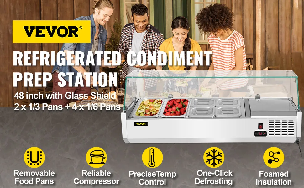 Estación de preparación refrigerada VEVOR con protector de vidrio, 2 bandejas de 1/3, 4 bandejas de 1/6, exhibición de alimentos colorida.