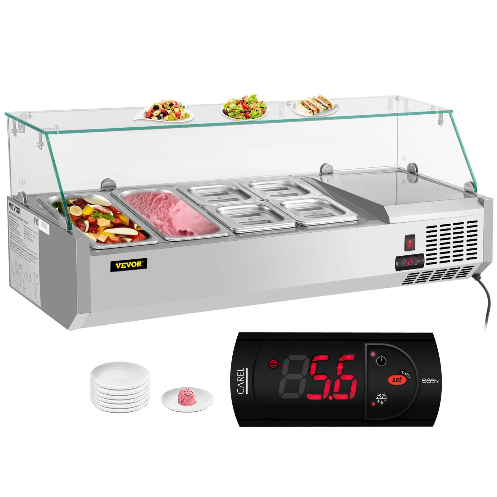 Estación de preparación refrigerada VEVOR con tapa de vidrio, bandejas de acero inoxidable, pantalla digital y bandejas para alimentos.