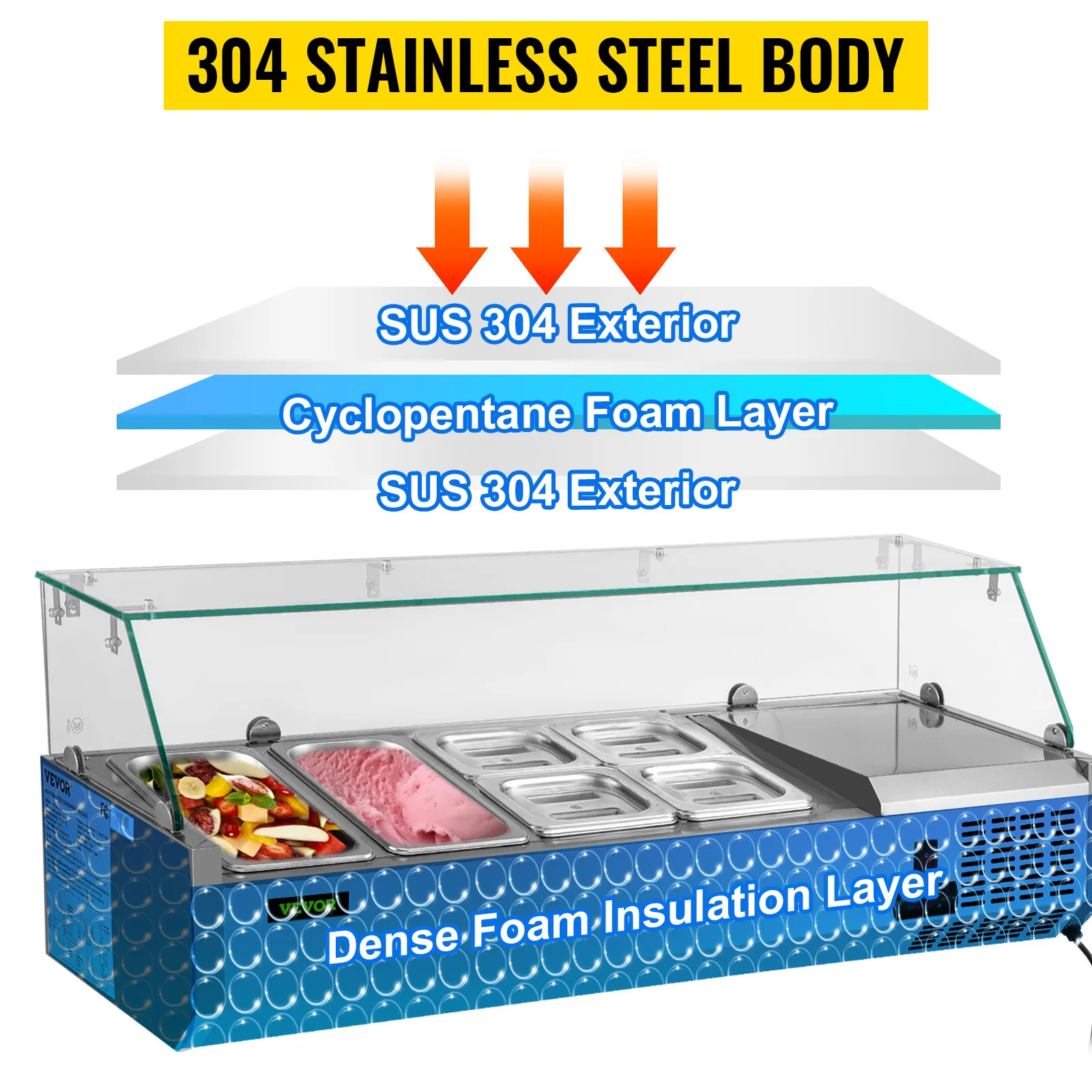 Estación de preparación refrigerada VEVOR con cuerpo de acero inoxidable 304 y capa de aislamiento de espuma densa.