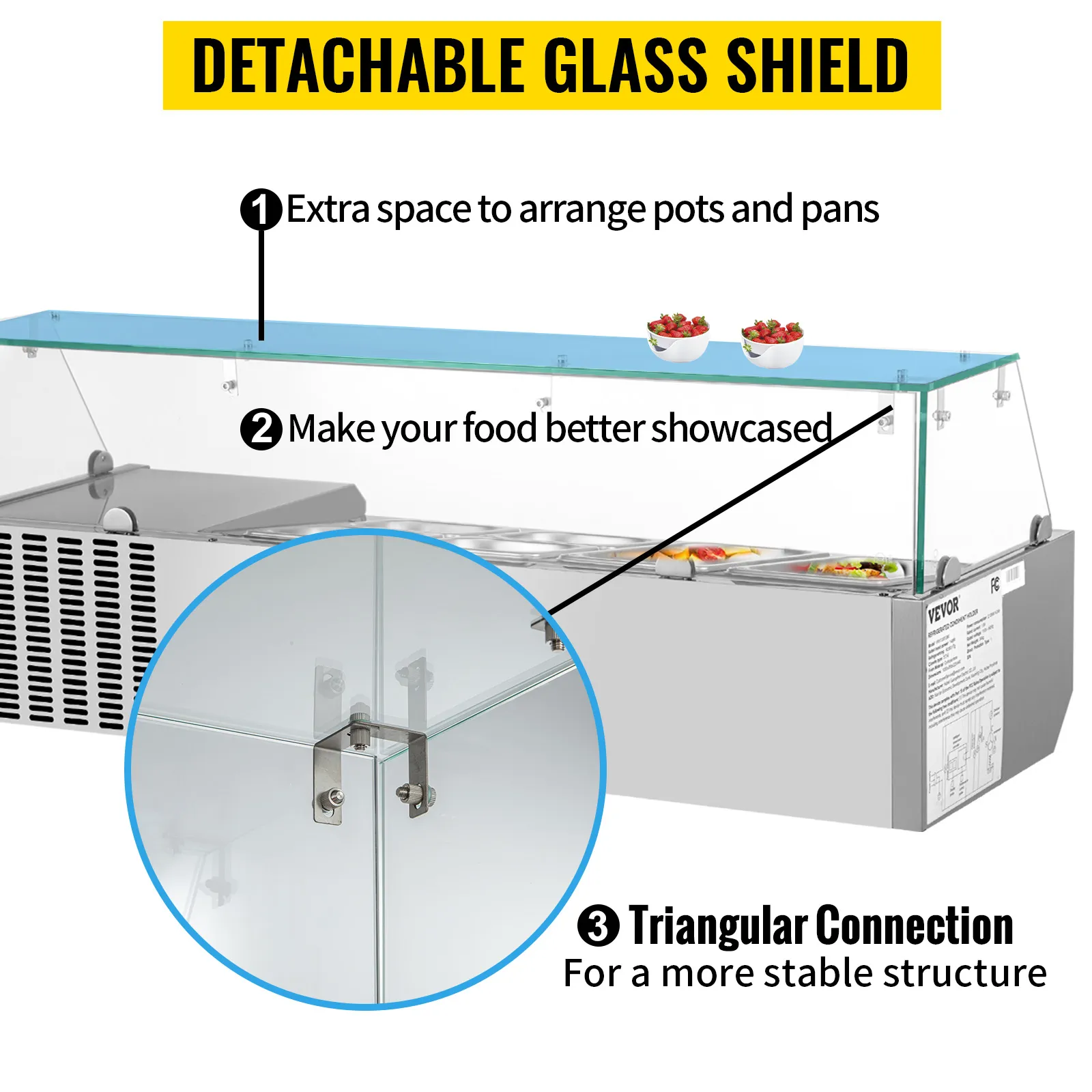 Estación de preparación refrigerada VEVOR con protector de vidrio desmontable, espacio adicional y conexión triangular estable.