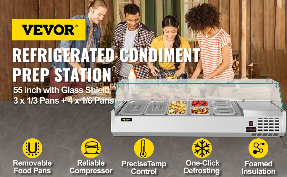 VEVOR refrigerated salad prep station with glass shield, removable food pans, and reliable compressor.