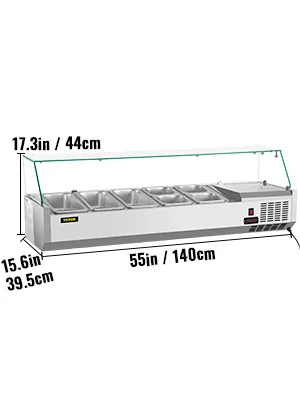 VEVOR refrigerated salad prep station with glass top, multiple trays, and dimensions: 55in x 15.6in x 17.3in