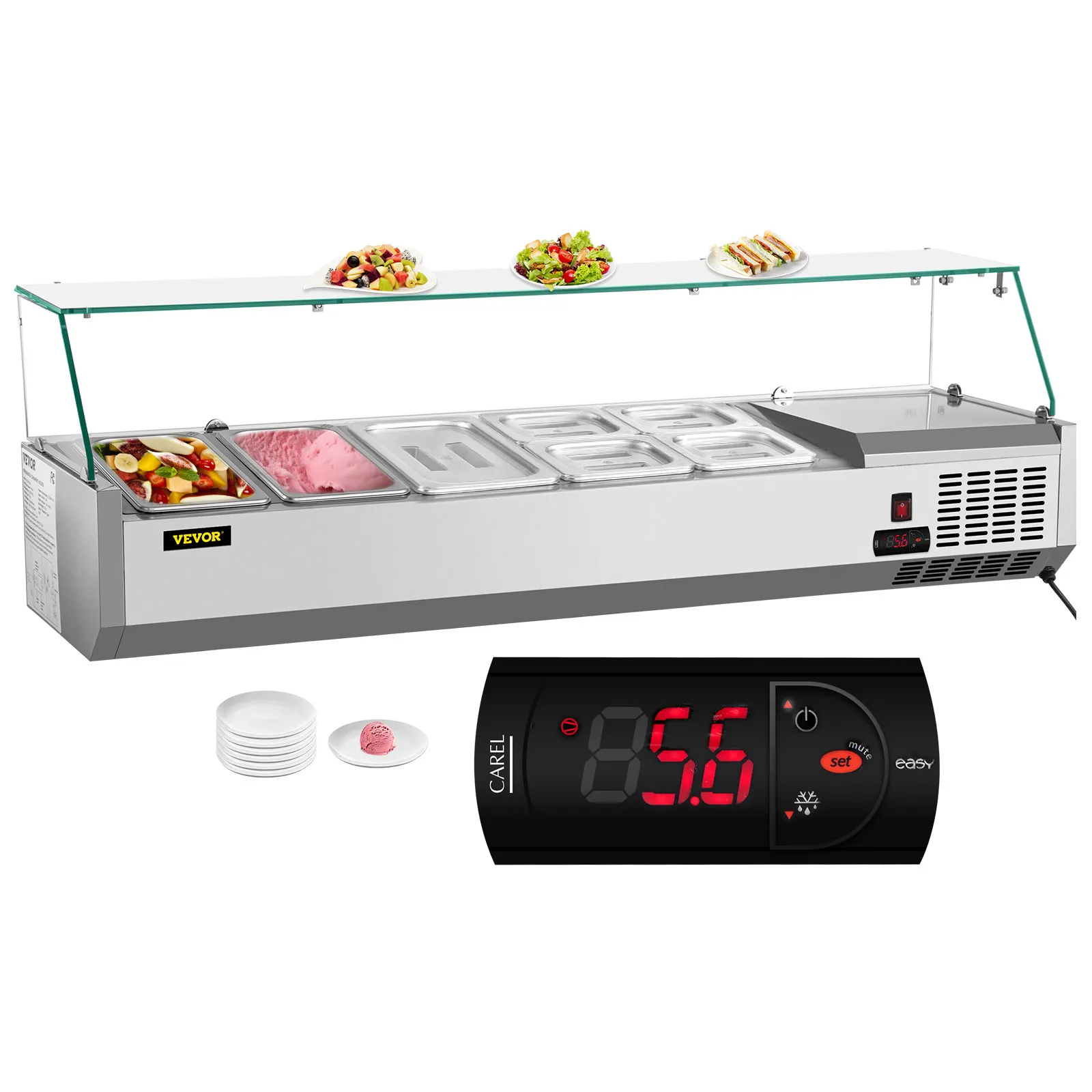 VEVOR refrigerated salad prep station with digital temperature control, glass cover, and multiple food trays.