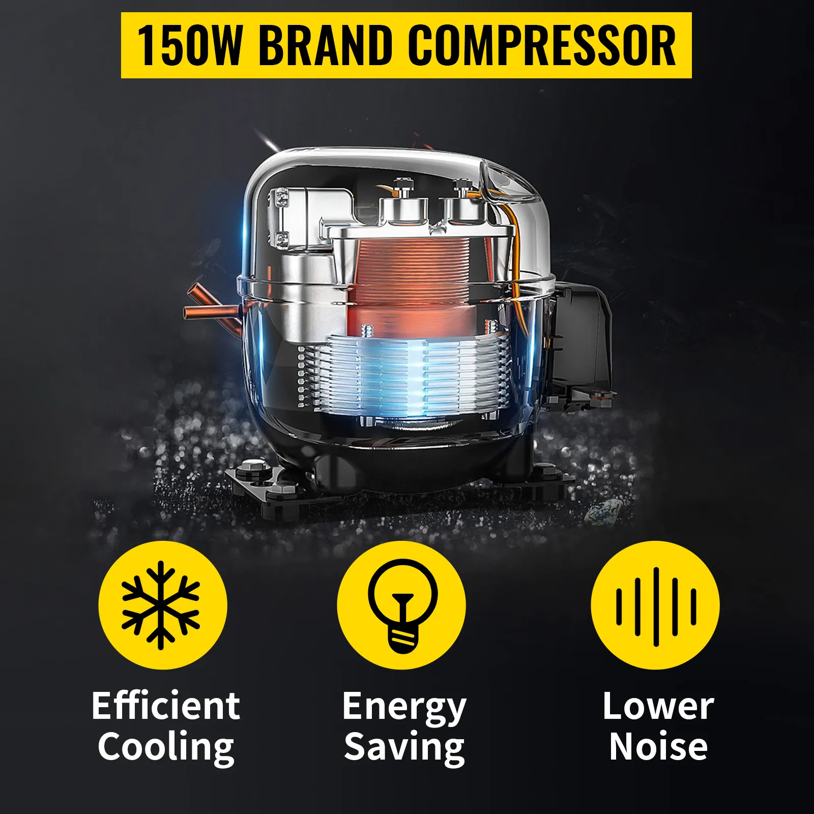 150w brand compressor for VEVOR refrigerated salad prep station, efficient cooling, energy saving, lower noise.