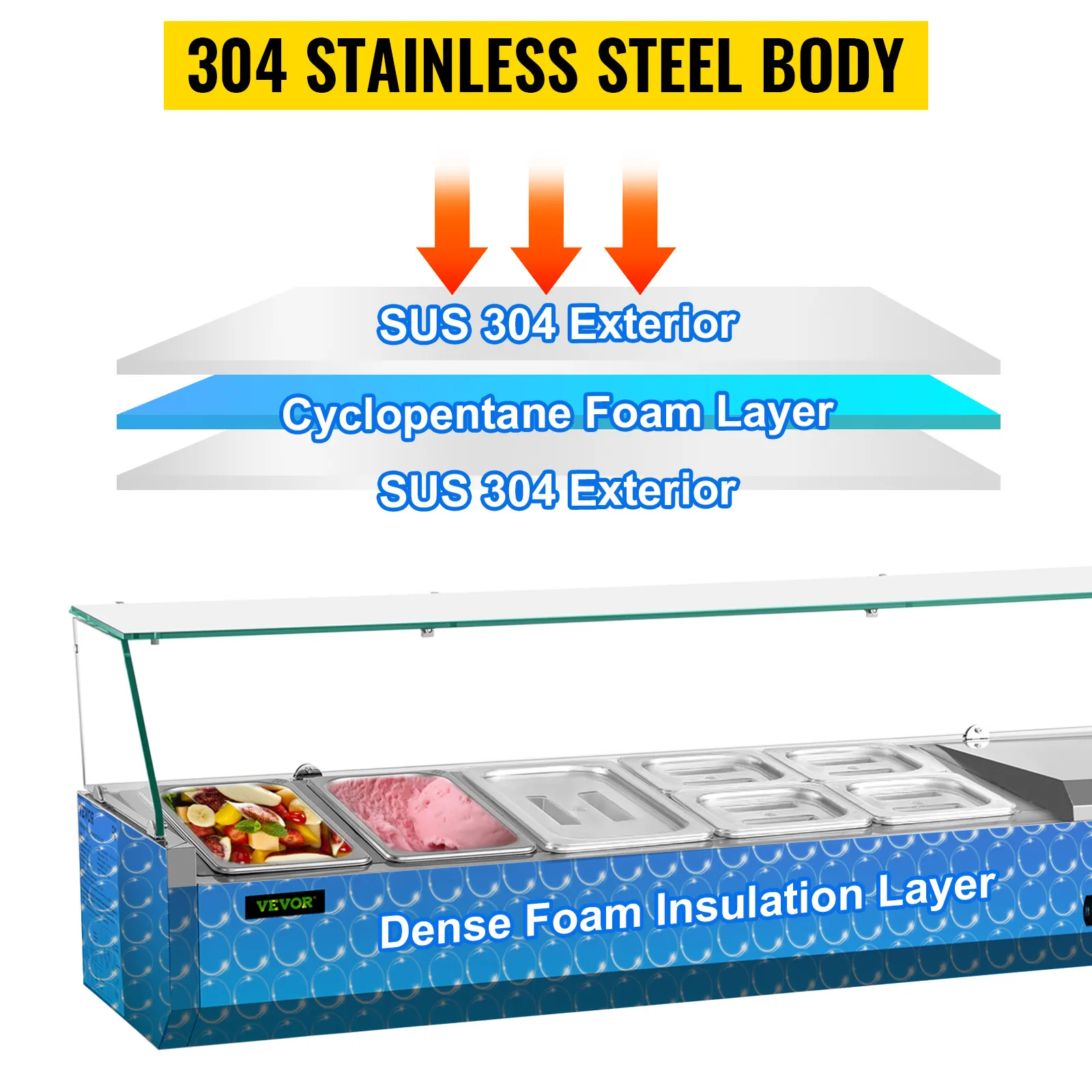 VEVOR refrigerated salad prep station with 304 stainless steel body and dense foam insulation layer.