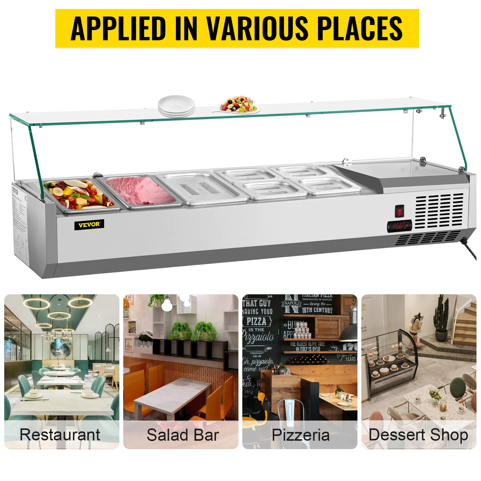 VEVOR refrigerated salad prep station with glass cover and multiple compartments for restaurants and pizzerias.
